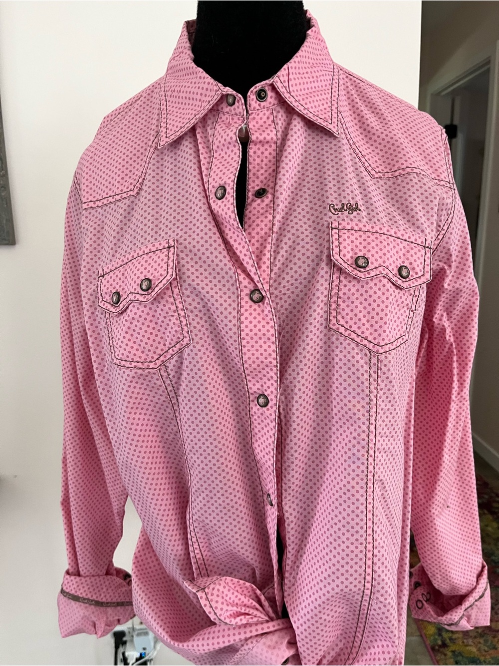 Cruel Girl Pink Button Down Western Shirt with Subtle Dot Print